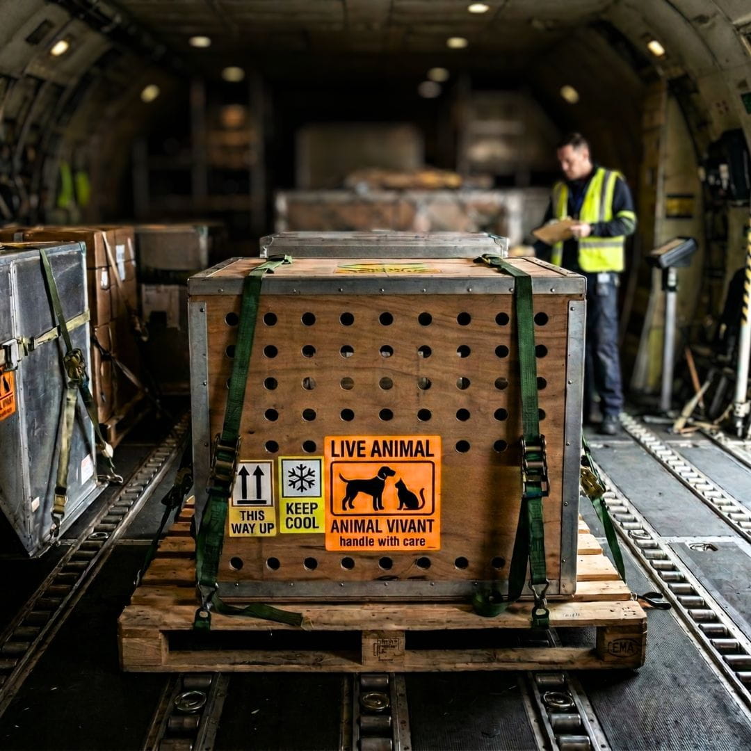 Specialized ventilated animal transport container secured inside a charter cargo aircraft for IATA LAR-compliant AVI flight.